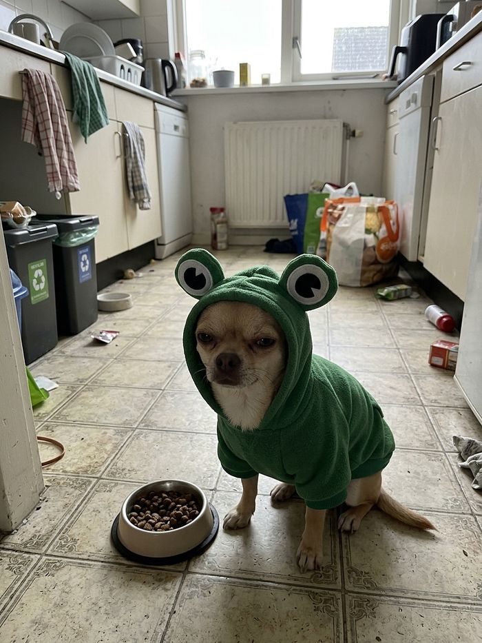 Chihuahua in frog hoodie next to its food bowl
