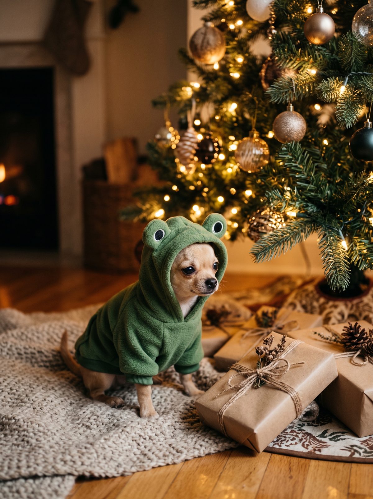 Chihuahua in frog hoodie next to a Christmas tree