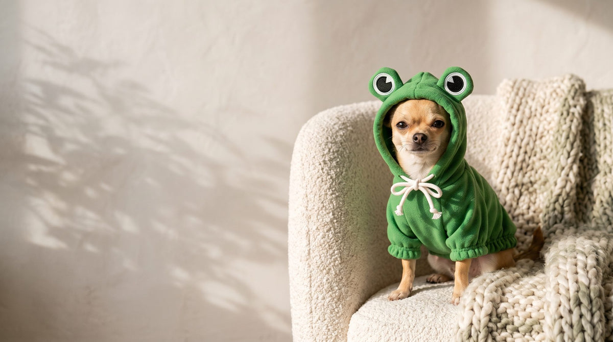 Chihuahua in a green frog hoodie on a cosy sofa
